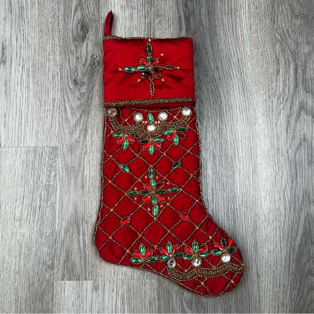 Kim Seybert Beautiful 18.5" Beaded‎ Red Green Christmas Elegant Stocking AS IS